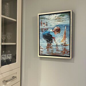 Picture Print Child in the Ocean with a Sailboat 13 3/4" x 17 3/4" Nicely Framed